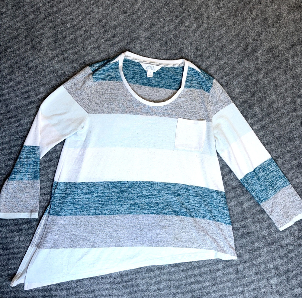Market Spruce Womens Medium Striped Knit Top Sweater Blue Gray White 3/4 Sleeve